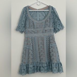 Self-portrait Blue Floral Guipure Lace Short-Sleeve Mini Dress UK14 US 10